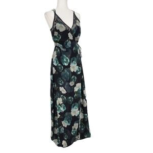 Adelyn Rae Womens‎ Maxi Wrap Dress Small Black Dark Floral Lace High Slit Fairy